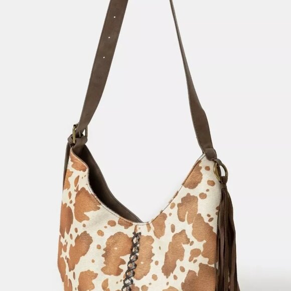 Fame Cow Print Hobo Shoulder Bag with Studded‎ Details - Picture 2 of 4